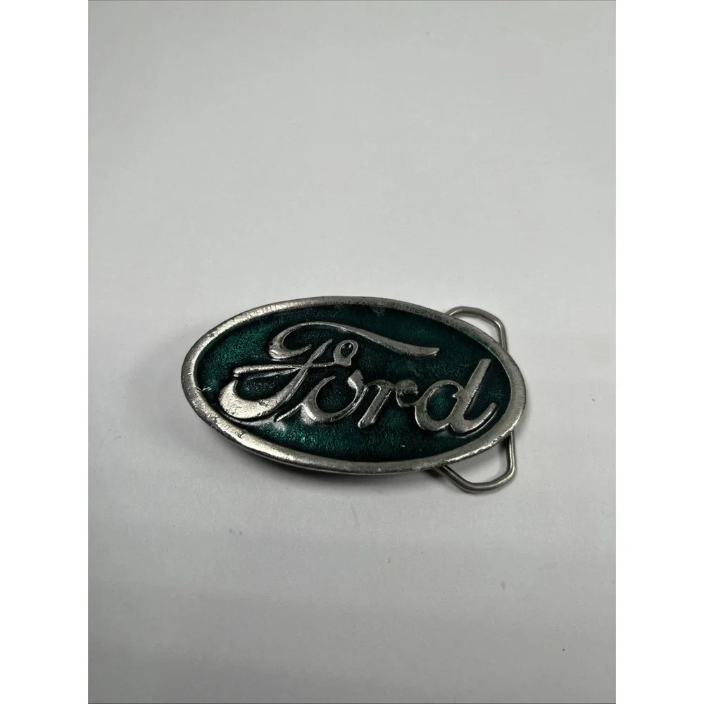 Vintage‎ FORD Green Enameled Silver Tone Belt Buckle EB82001